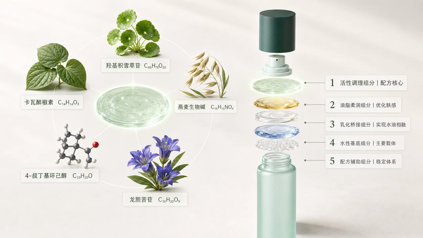 多种植物活性成分与五层配方结构示意图