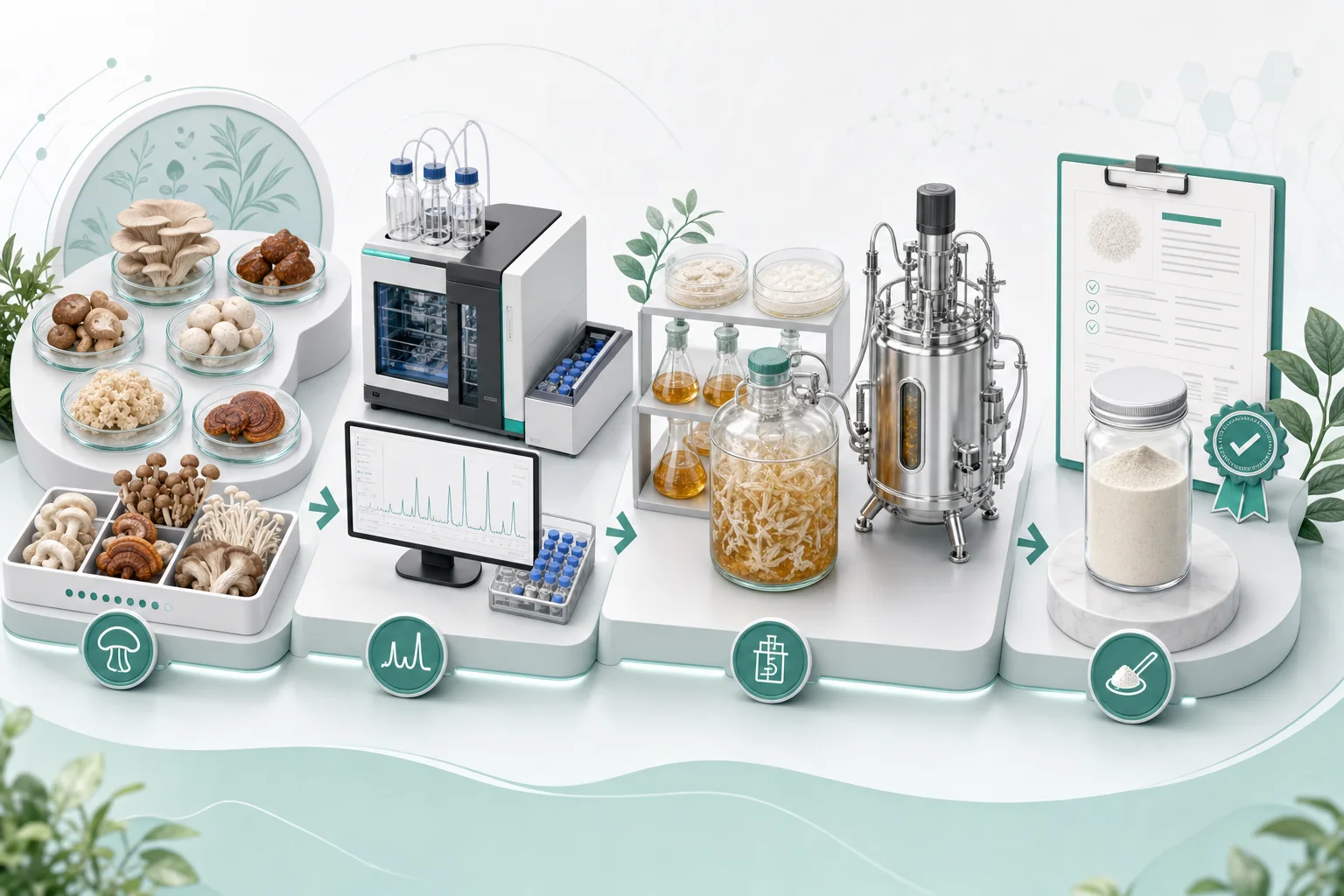 菌菇原料筛选、定量检测、培养纯化和产品标准化组成的麦角硫因定制开发流程