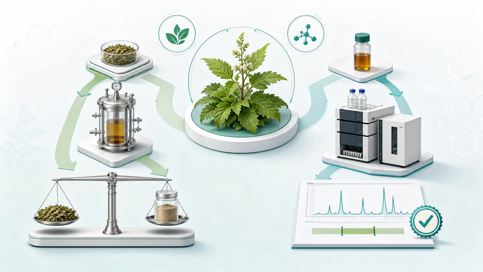 标准化植物提取物的成分定量控制与比例提取物的投料产出关系对比示意图